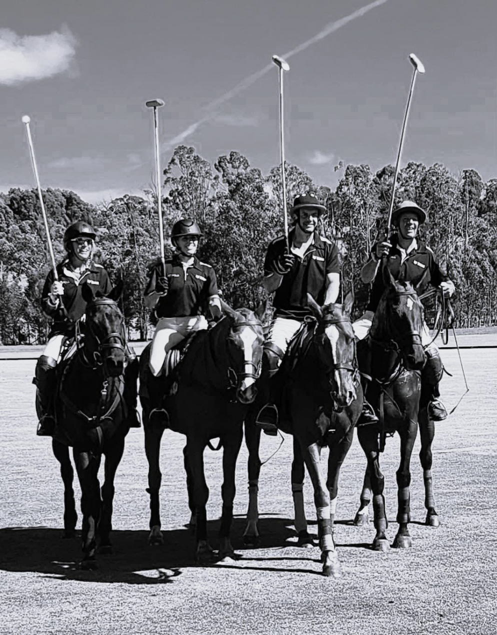 Polo team on horses with mallets raised
